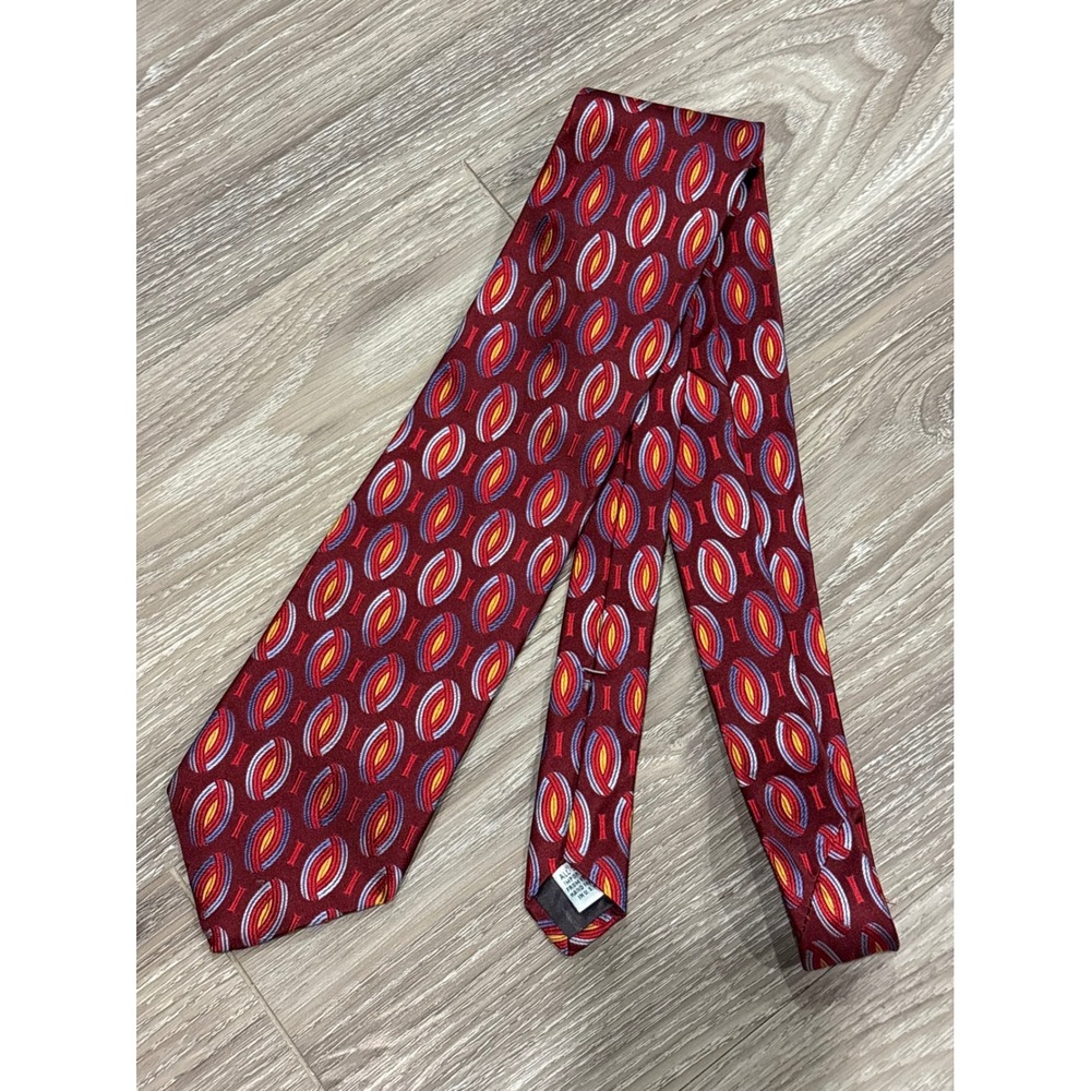 XMI Platinum Silk Tie Mens Burgundy Gold Blue Geometric Oval Pattern Handmade